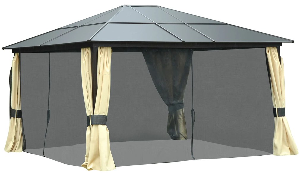Outsunny Pavilion de grădină Hardtop 4.2 x 3.6 m, Draperii cu plasă împotriva insectelor, Structură din aluminiu, Maro+Crem | Aosom Romania