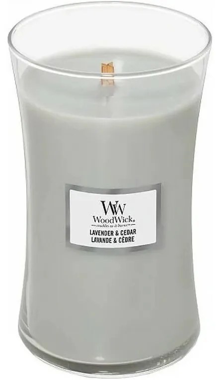 Lumânare parfumată vază mare WoodWick Lavender & Cedar, 609 g