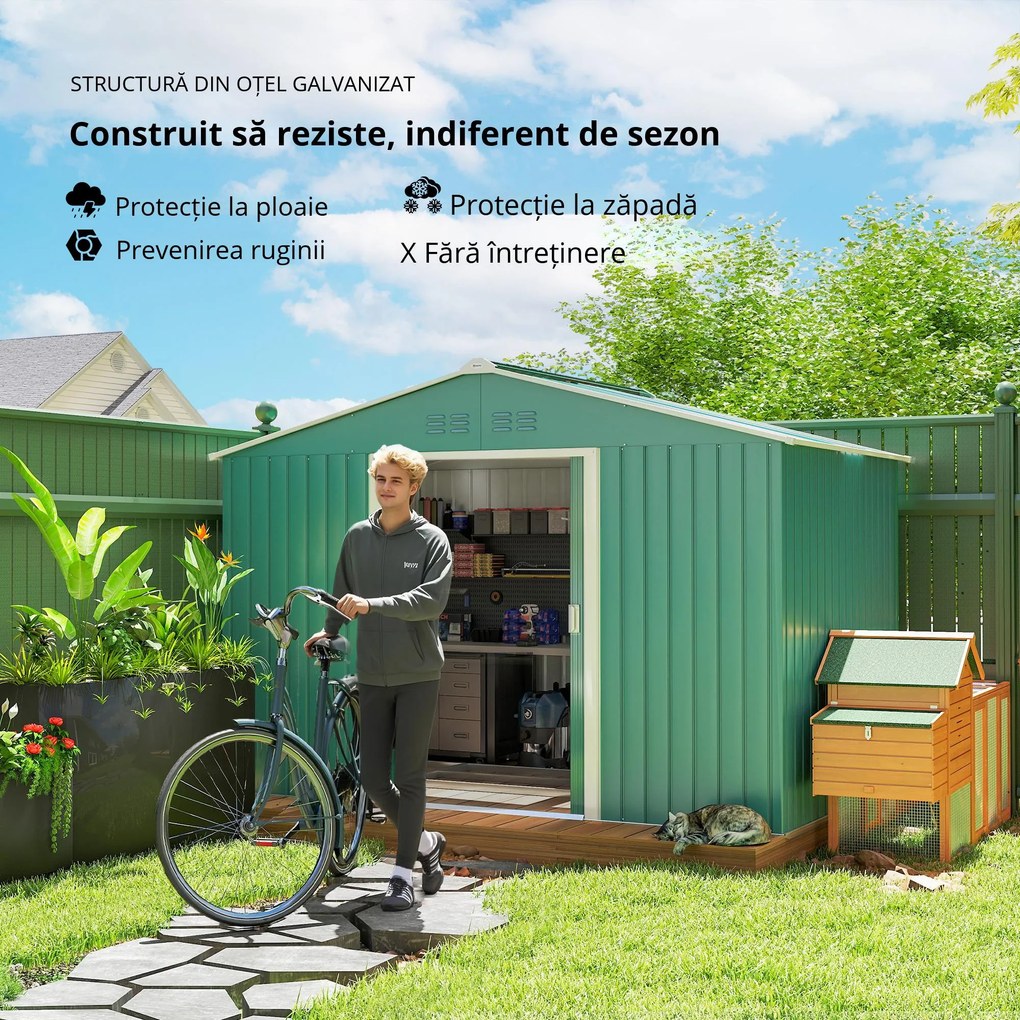 Outsunny Șopron pentru Unelte cu Acoperiș Înclinat și Uși Glisante Duble, 277x195x192 cm, Verde Închis | Aosom Romania