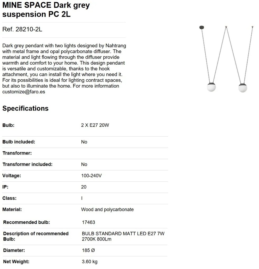 Lustra / Pendul MINE SPACE Dark grey suspension PC 2L