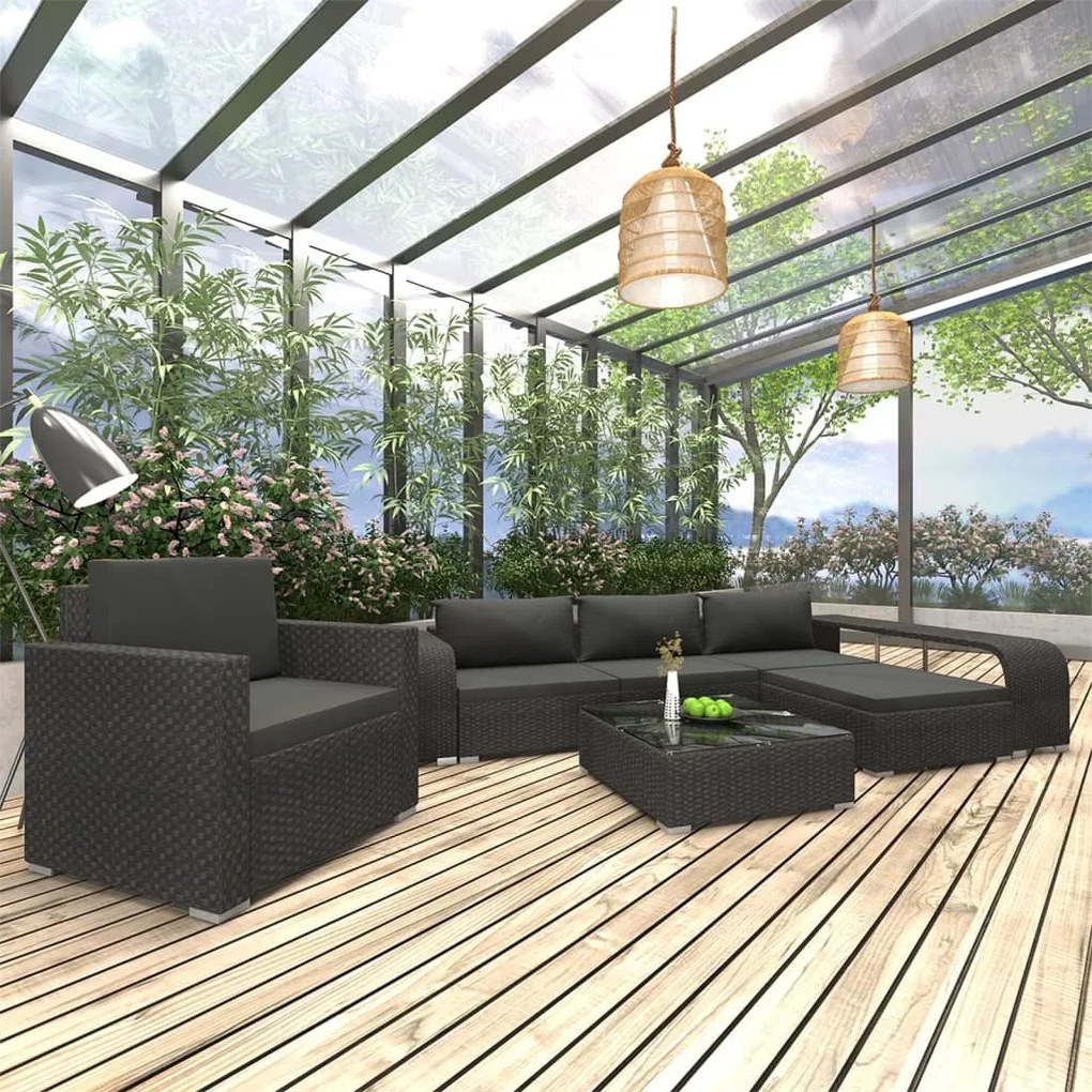 Set mobilier de gradina cu perne, 8 piese, negru, poliratan