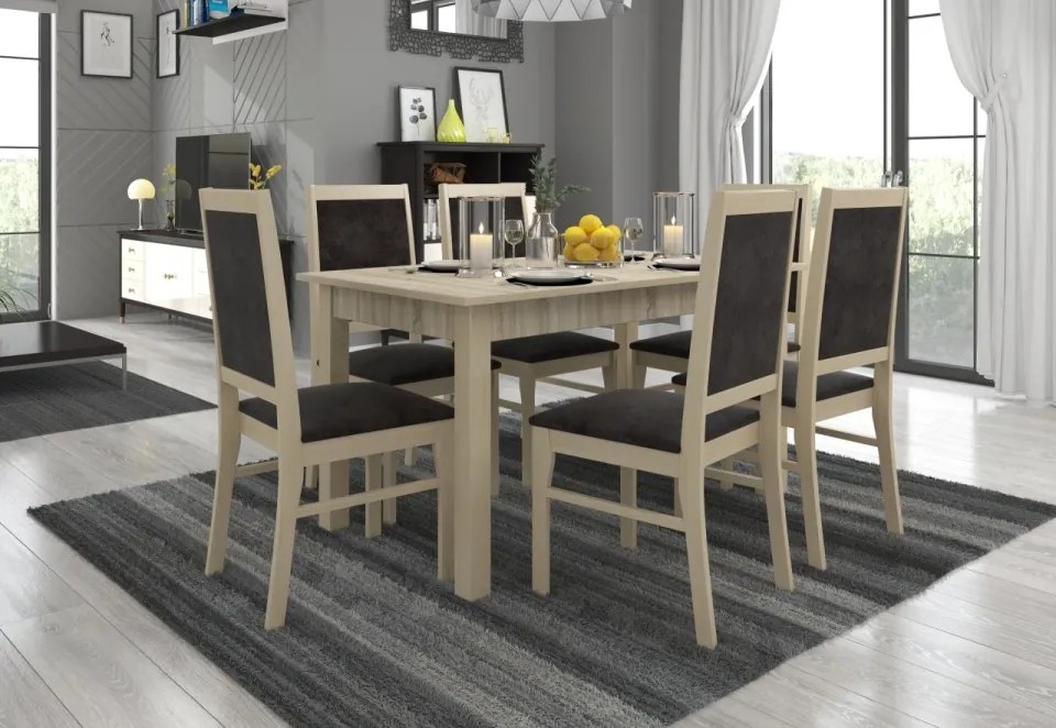 Set de masa extensibila si 6 scaune tapitate, RODOS 25, ADRK Furniture (Culoare: Nuc inchis)
