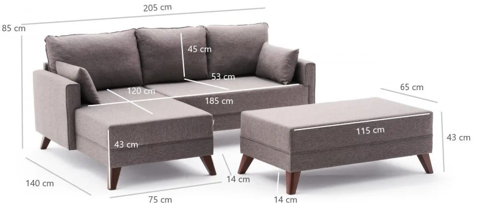 Coltar Modular pe Stanga cu Taburet, Cadru Lemn de Brad, Bella Mini, Gri