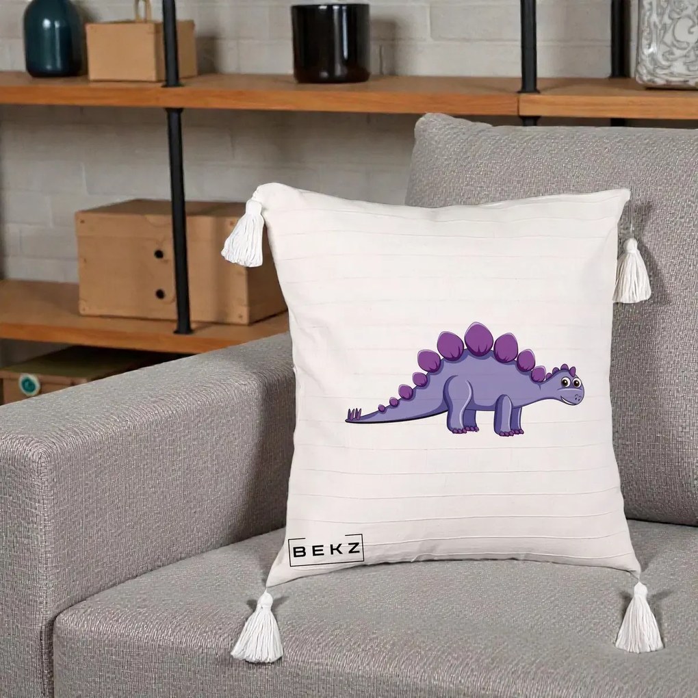 Perna Personalizata Stegozaur Mov, 40x40 cm, Bej cu Franjuri, Husa Detasabila, Perna Inclusa, BEKZ®