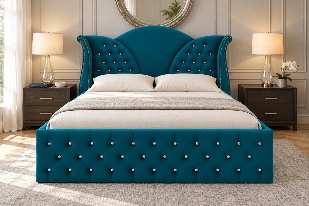 Pat tapițat Chesterfield din catifea Velora Cristal 160×200 cm, turcoaz, cu ladă de depozitare
