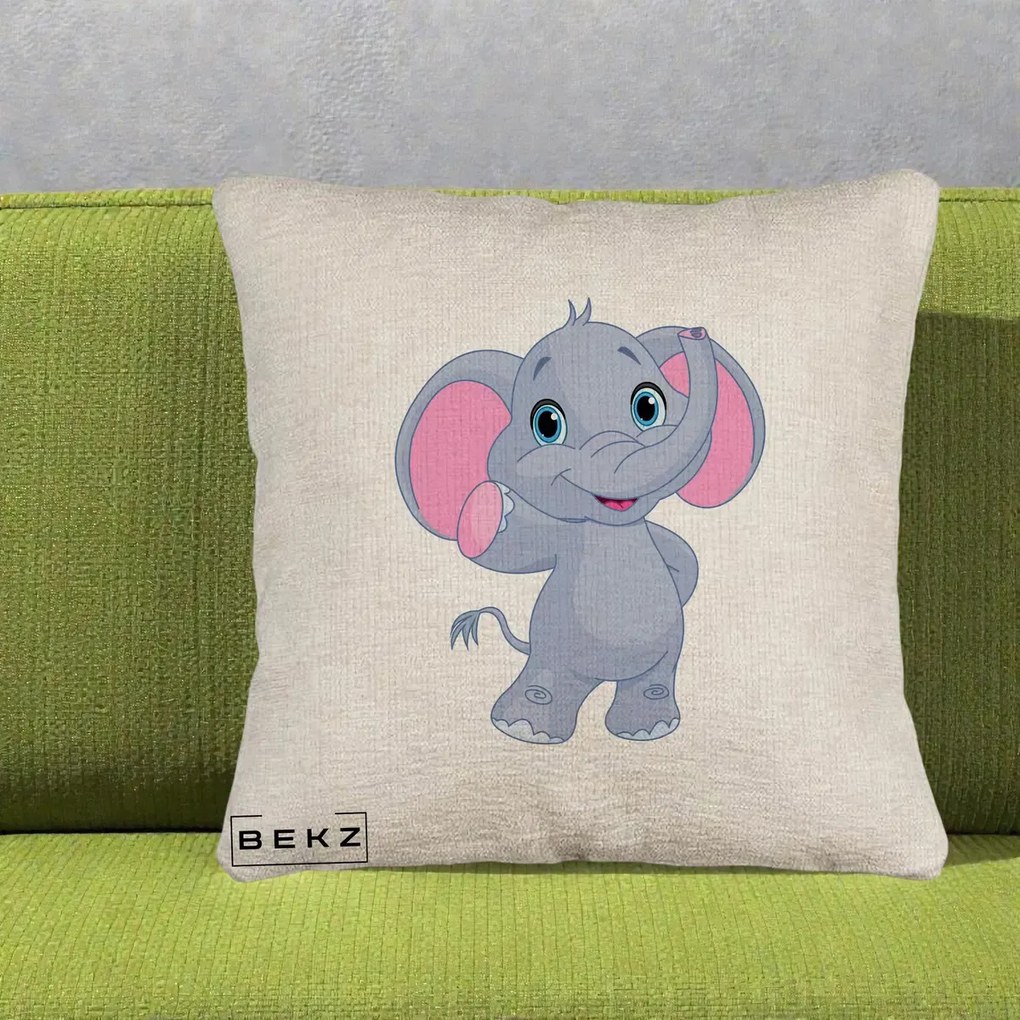 Perna Decorativa Pui de Elefant Kawaii, 40x40 cm, Bej Canapea, Husa Detasabila, Perna Inclusa, BEKZ®