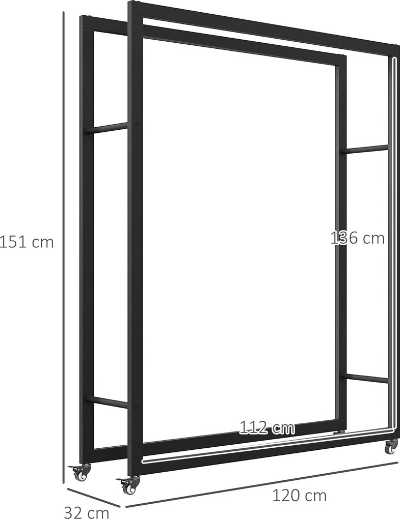 Outsunny Suport Portabil pentru Lemne cu Roți, Suport pentru Lemne din Metal Ranforsat, 120x32x151 cm, Negru | Aosom Romania