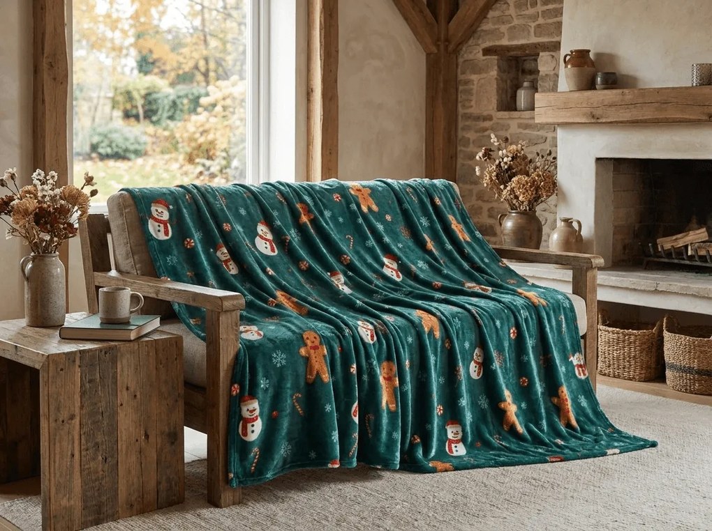 Patura microplus de Craciun SNOWMAN AND GINGERBREAD verde Dimensiuni: 200 x 220 cm