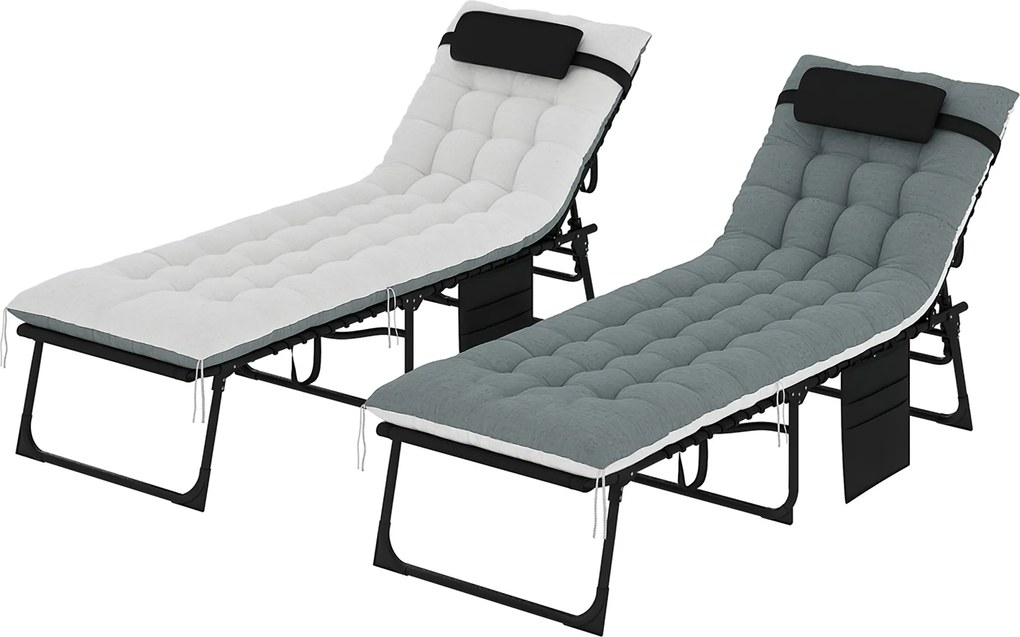 Outsunny Set de 2 șezlonguri, șezlong pliant și reglabil, pernă, tetieră, buzunar lateral, 60x190x31cm, gri | Aosom Romania