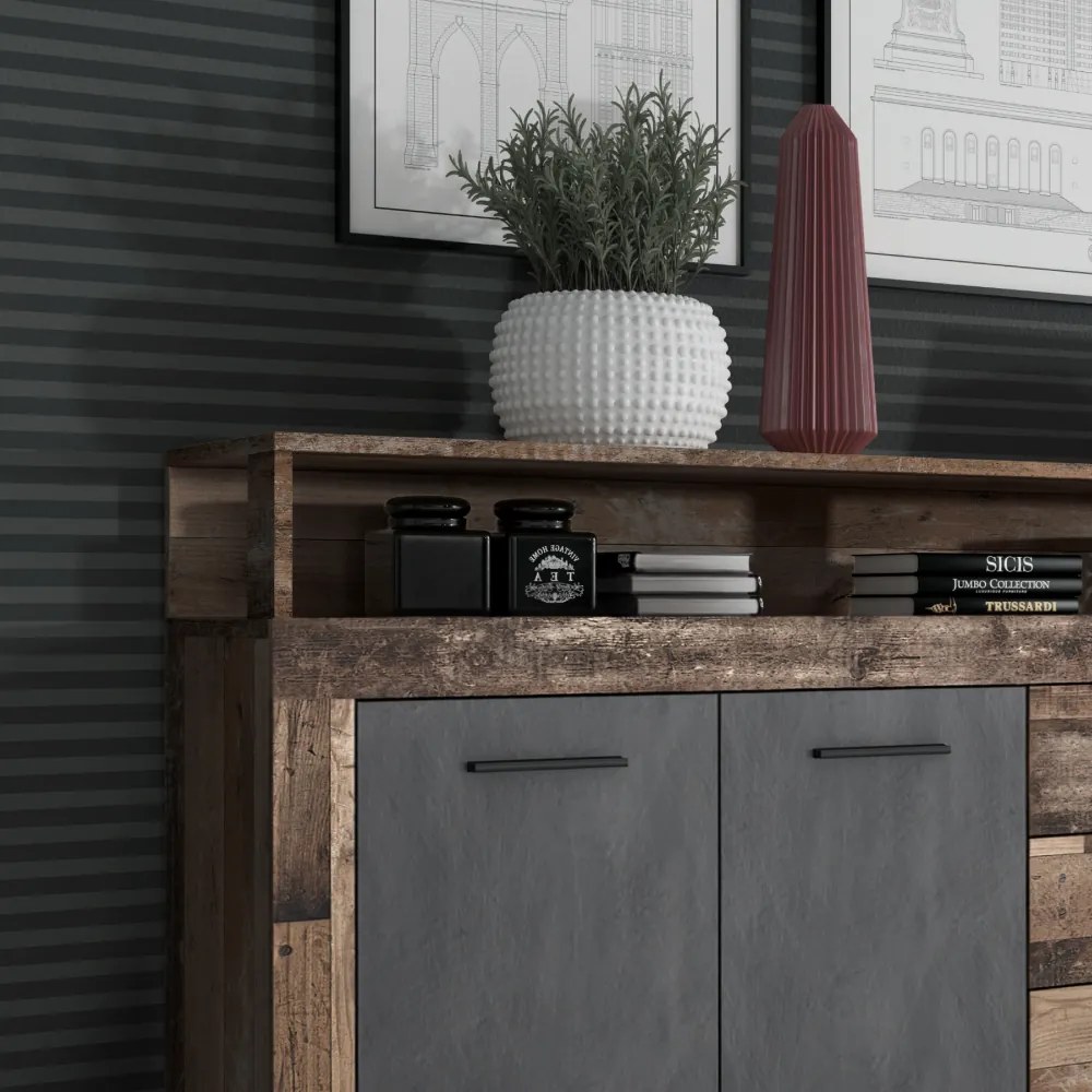 Comodă combinată, stejar de culoare închisă old star dark/grafit, LUNYSA