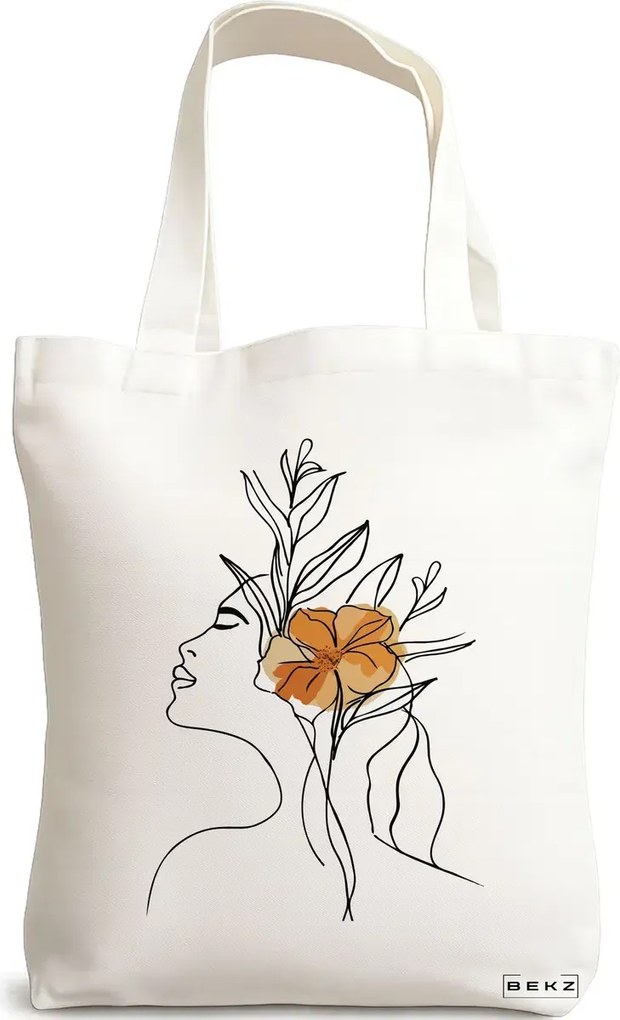 Sacosa de Panza pentru Cumparaturi, Geanta Tote, Flower Lady 9, 38x34.5 cm, Alba, BEKZ®