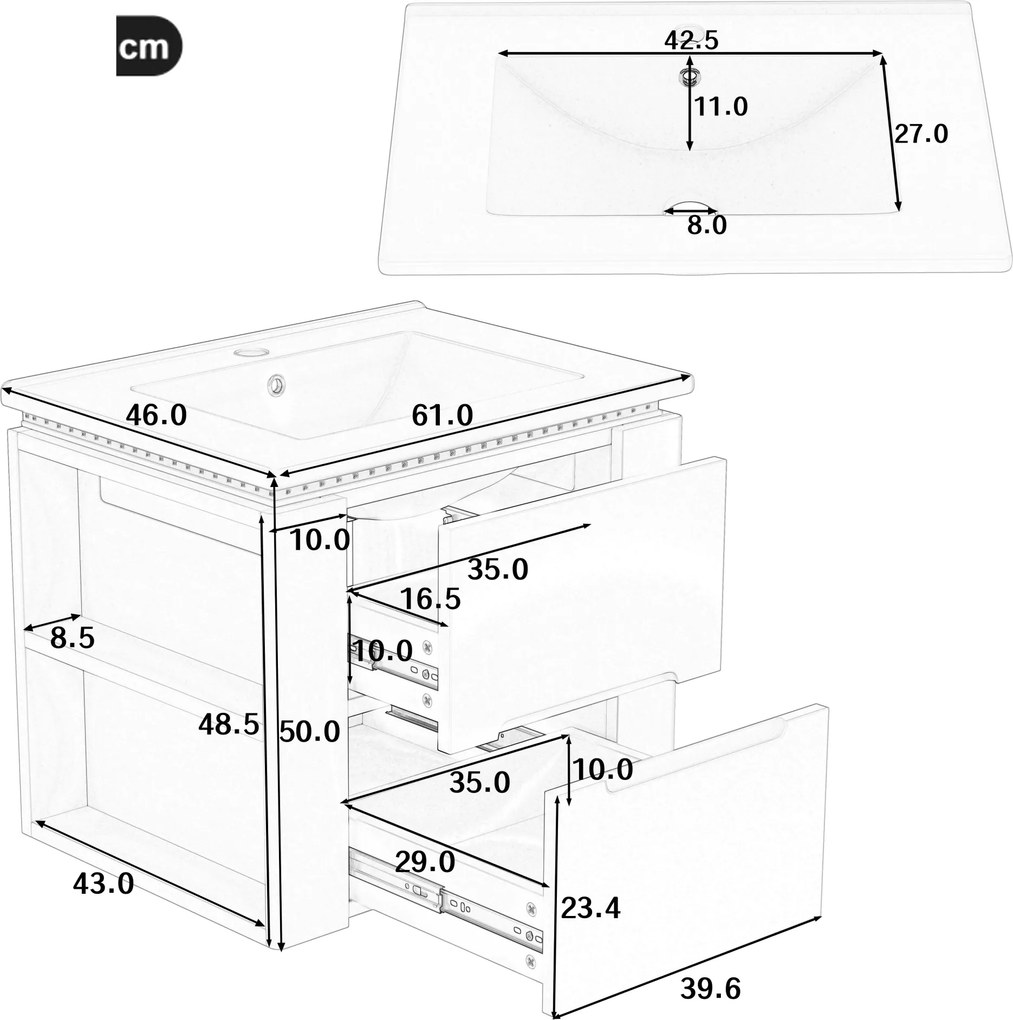 Dulap de baie suspendat cu iluminare LED cu senzor radar, două sertare și rafturi laterale, 61x46x50 cm, Alb