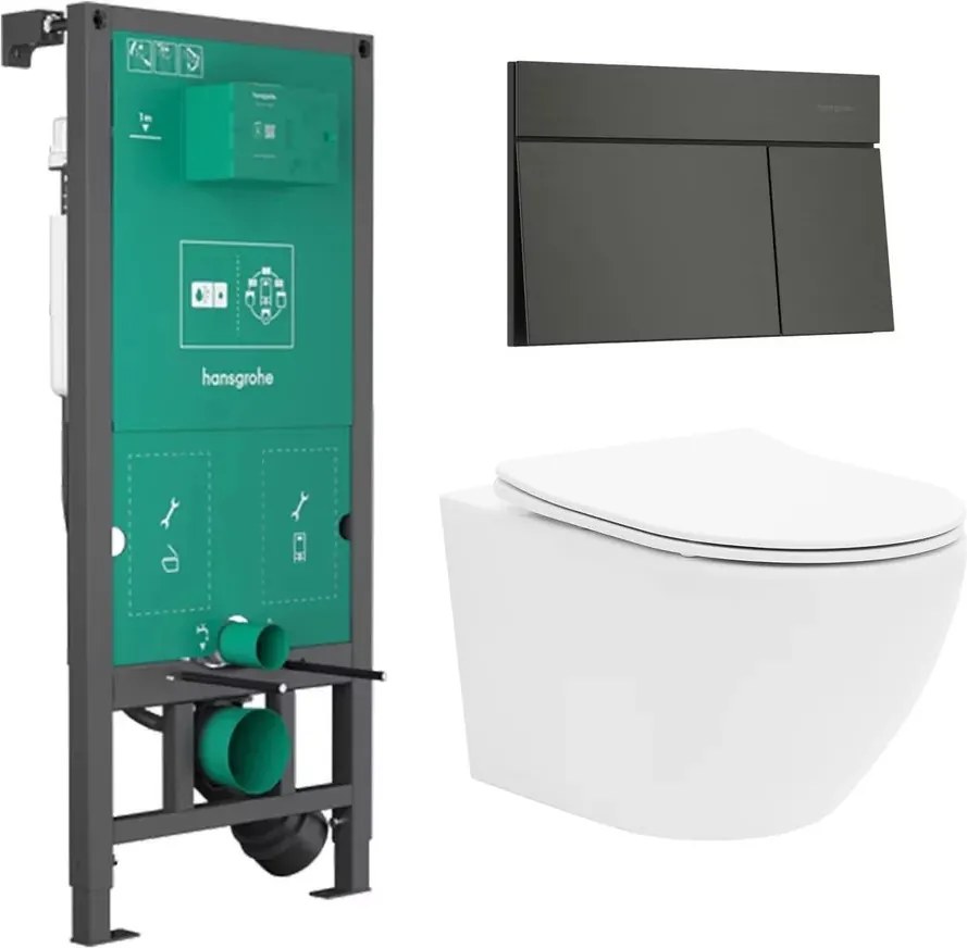 Rezervor incastrat Hansgrohe iFrame 112 cm cu clapeta iFrame Element E negru periat plus vas WC Rune Ivaldi alb cu capac softclose
