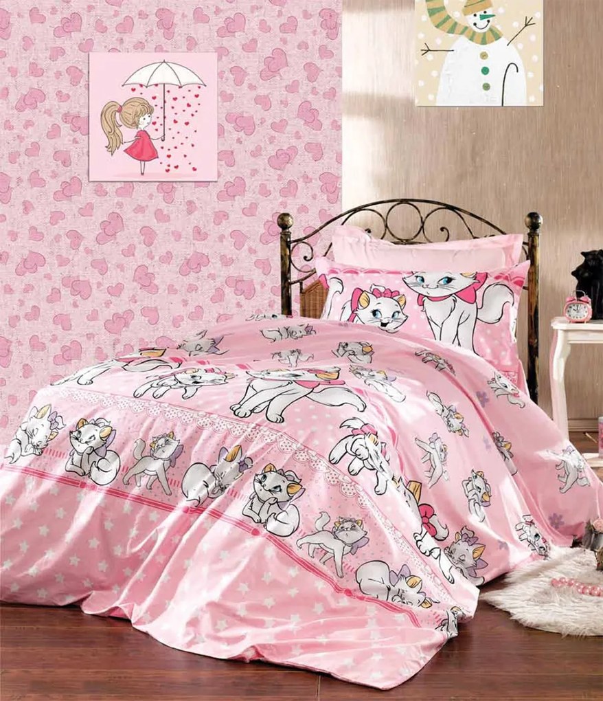 Lenjerie de pat copii Pisica Marie roz /160x200 cm dimensiune standard