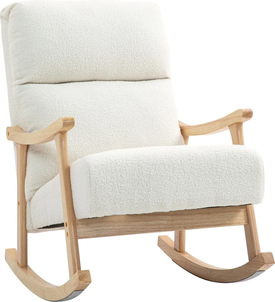 HOMCOM Scaun Balansoar Tapițat din Catifea Teddy, cu Spătar Ergonomic și Picioare din Lemn de Cauciuc,  Alb crem | Aosom Romania