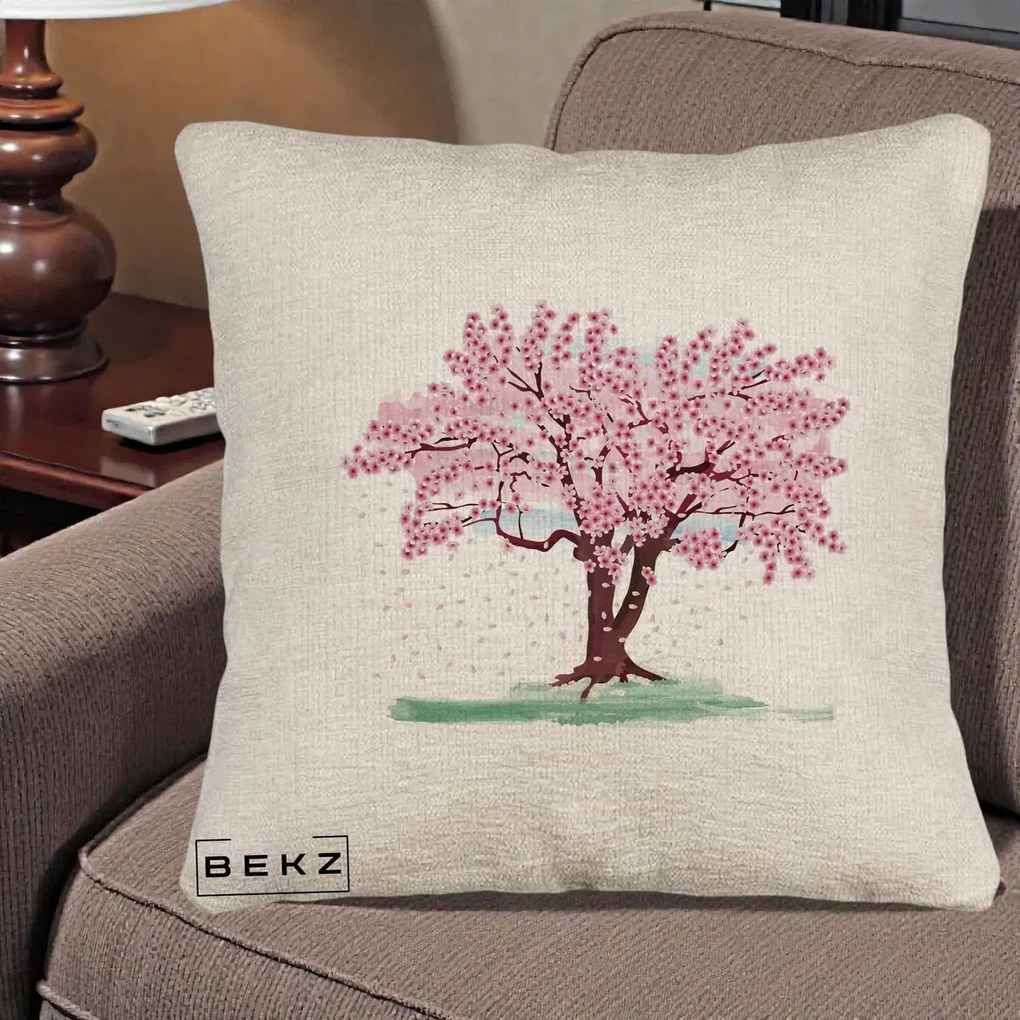 Perna Decorativa Cires Inflorit Acuarela, 40x40 cm, Bej Canapea, Husa Detasabila, Perna Inclusa, BEKZ®