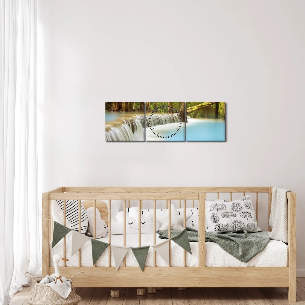Tablou cu cascada Huai Mae Kamin în pădure (cu ceas) (90x30 cm)