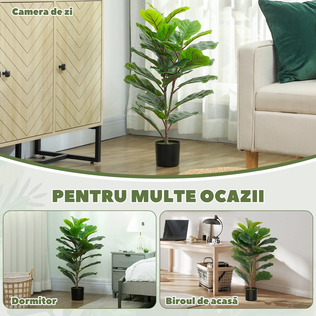 HOMCOM Plantă Artificială Ficus Lyrata Înaltă de 80 cm, Plantă Artificială Realistică pentru Interioare cu Vas, Decorațiune pentru Casă și Birou, Verde | Aosom Romania