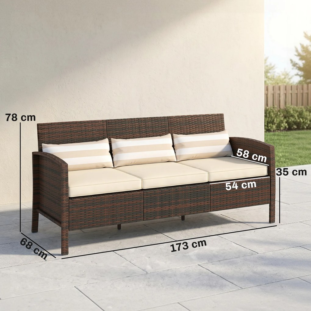 Outsunny Canapea de exterior cu 3 locuri, din ratan PE, cu perne confortabile și detașabile, 173x68x78 cm, maro | Aosom Romania