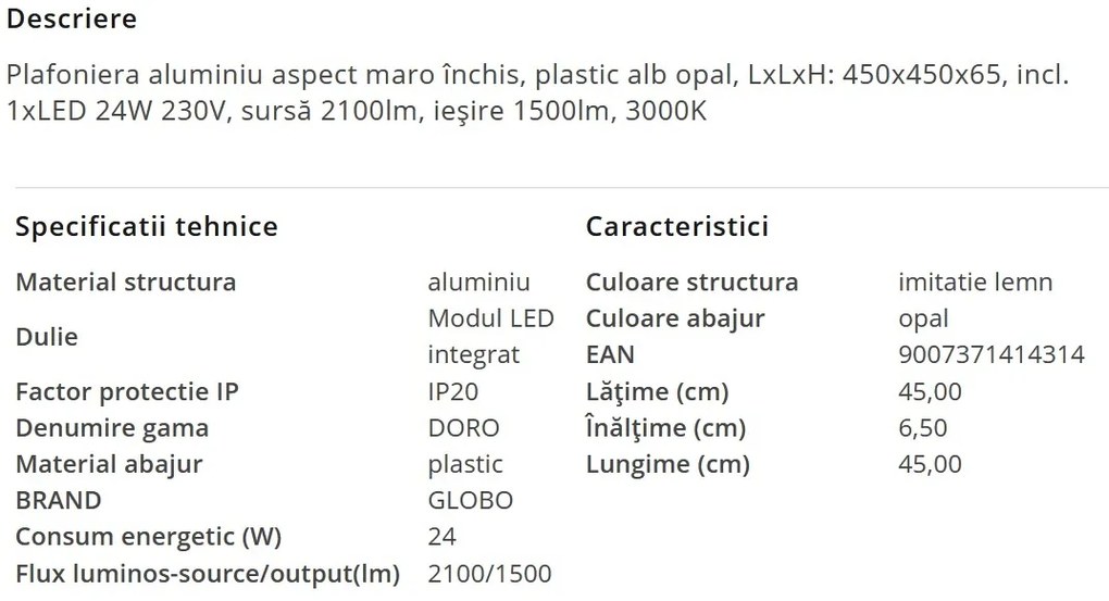 Plafoniera LED cu aspect lemn design slim DORO 24W