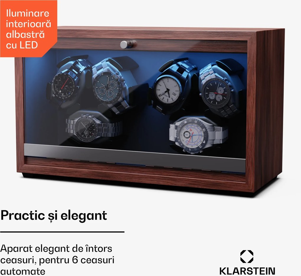 Klarstein Brienz 6, cutie de întors ceasuri, 6 ceasuri, 4 moduri, aspect de lemn, lumină interioară albastră