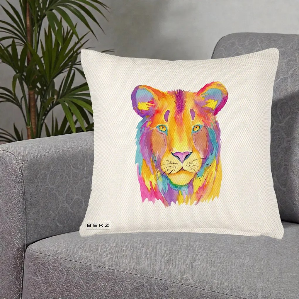 Perna Decorativa Leu Acuarela Curcubeu, 40x40 cm, Crem Reliefat, Husa Detasabila, Perna Inclusa, BEKZ®