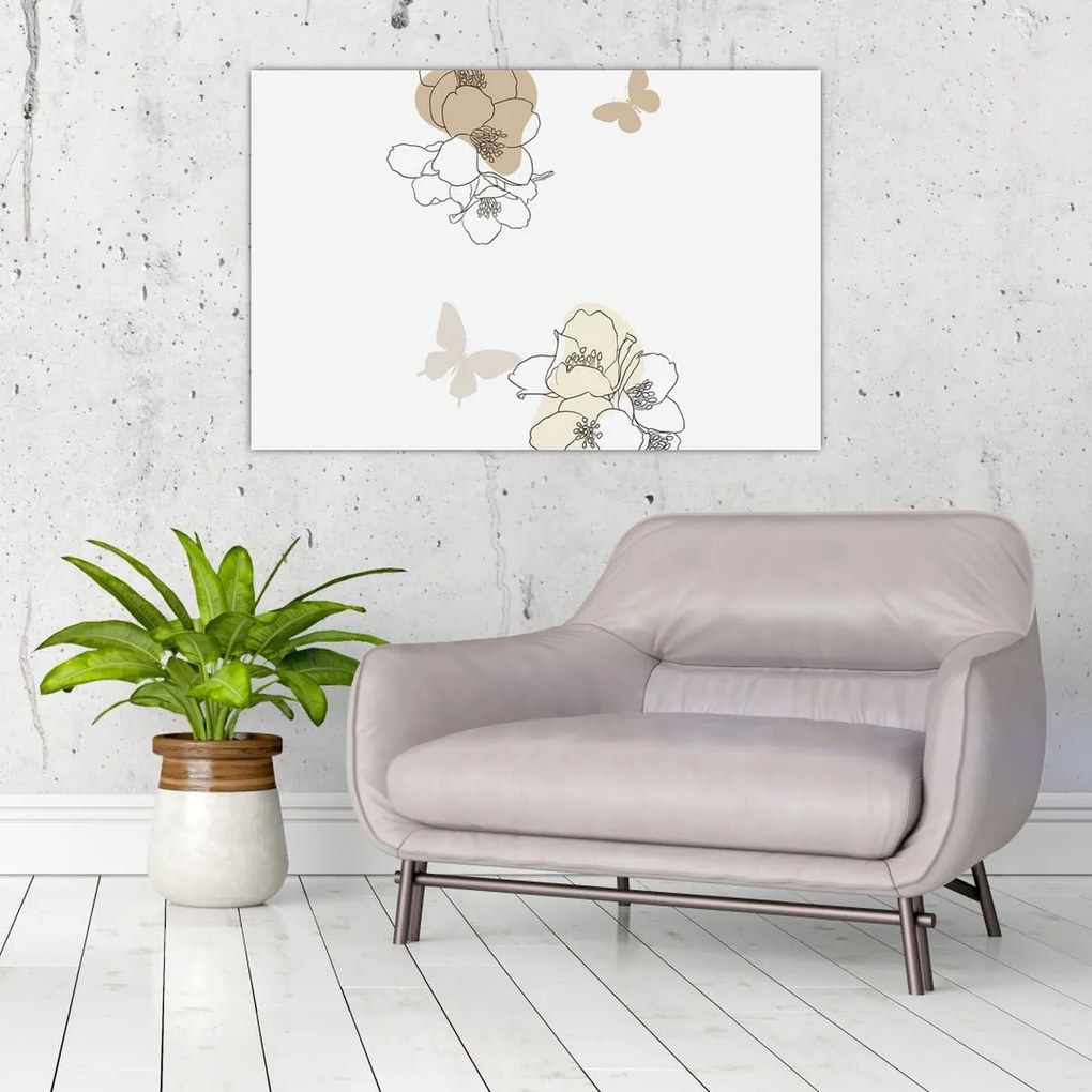 Tablou - Flori bej cu fluture N⁰2 (90x60 cm)