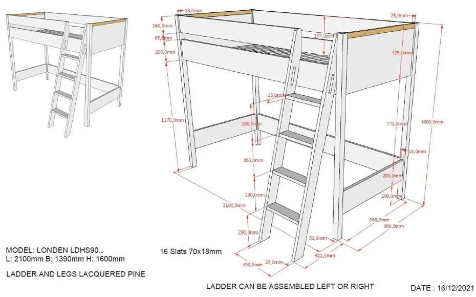 Pat supraetajat pentru copii Vipack London, 90 x 200 cm, gri închis