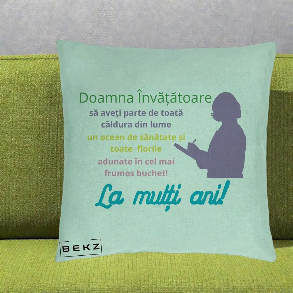 Perna personalizata invatatoare: Doamna invatatoare, La multi ani, 40x40 cm cu Umplutura, Verde Menta, BEKZ