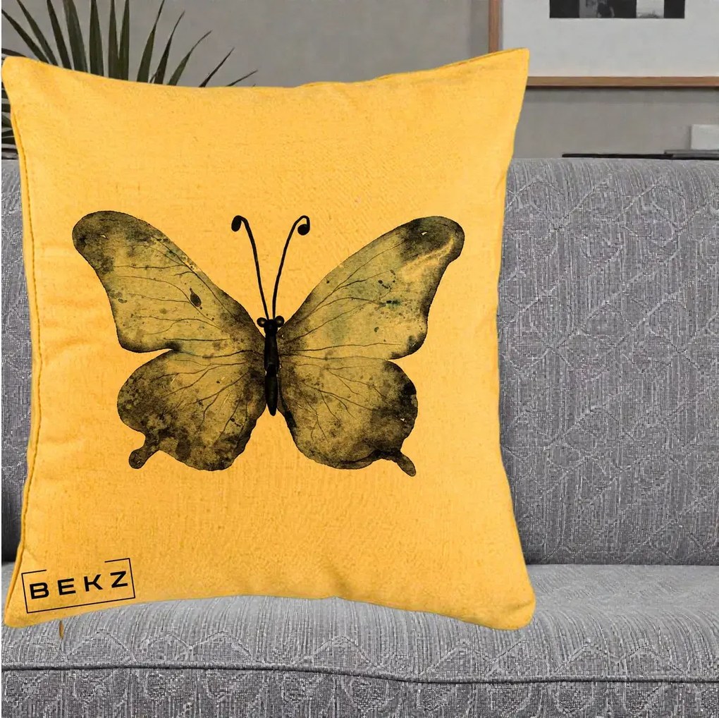 Perna Decorativa Fluture Acuarela Albastru-Gri, 40x40 cm, Galben, Husa Detasabila, Perna Inclusa, BEKZ®