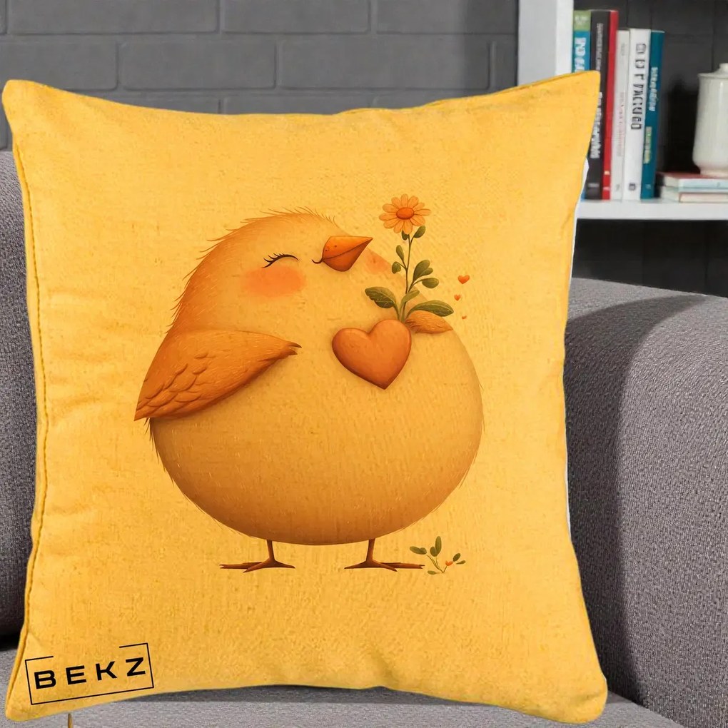 Perna Decorativa Pui cu Inima si Floarea-Soarelui, 40x40 cm, Galben, Husa Detasabila, Perna Inclusa, BEKZ®