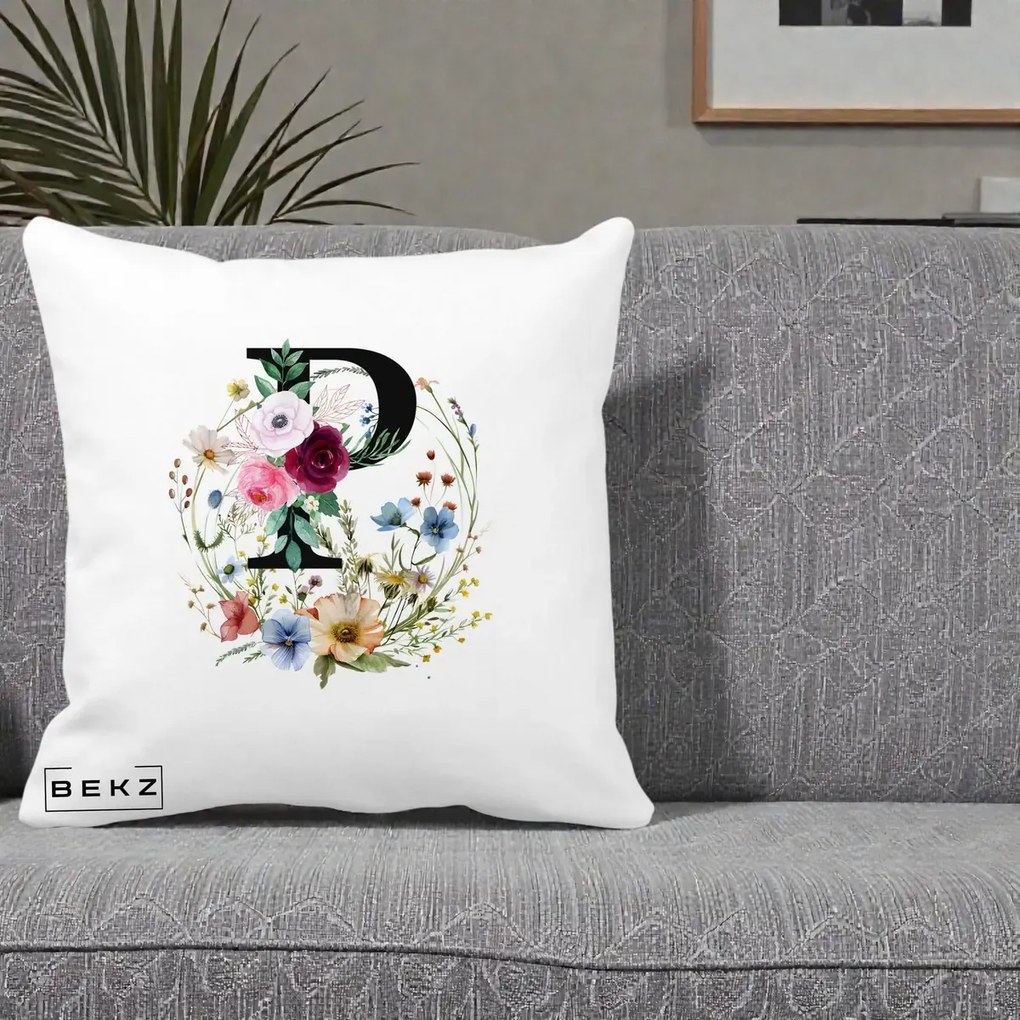 Cadou Personalizat - Perna Personalizata Monogram Litera P cu Flori Acuarela, 40x40 cm, Alba Mata, Husa Detasabila, Perna Inclusa, BEKZ®