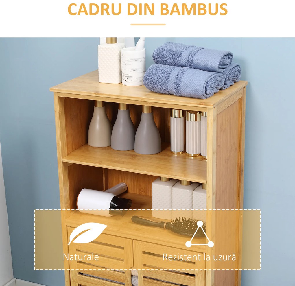 kleankin Mobile Bagno in Bambù, Mobiletto Bagno Salvaspazio con 2 Ante a Persiana e Ripiani Aperti, Armadietto da Terra per Sala da Pranzo, Salotto, Soggiorno, Cucina, 50x29x92 cm, Color Legno | Aosom Romania