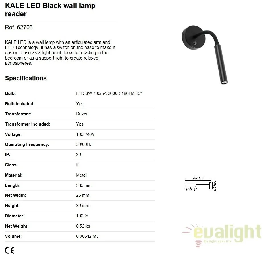 Aplica cu reader LED stil modern minimalist KALE neagra 62703