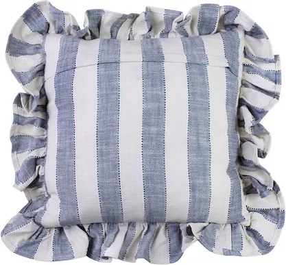 Față de pernă din bumbac organic, albastru și alb, model în dungi cu volănaș decorativ, 45 × 45 cm, „Ida Stripe"