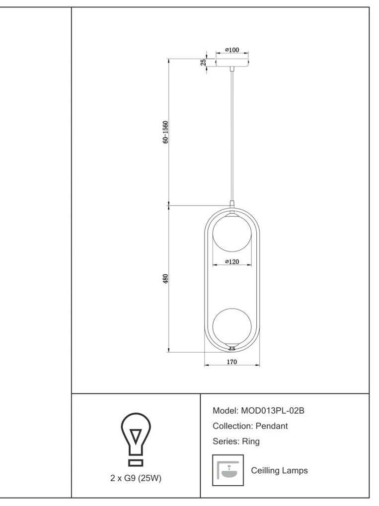 Lustra / Pendul design modern cu 2 surse de lumina Ring negru MYMOD013PL-02B