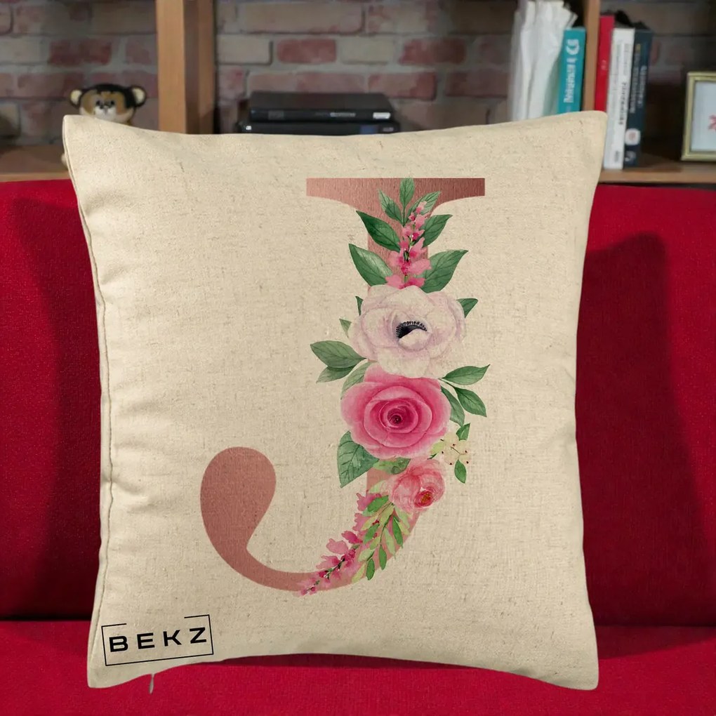 Cadou Personalizat - Perna Personalizata Monograma Rose Gold Litera J, 40x40 cm, Bej, Husa Detasabila, Perna Inclusa, BEKZ®
