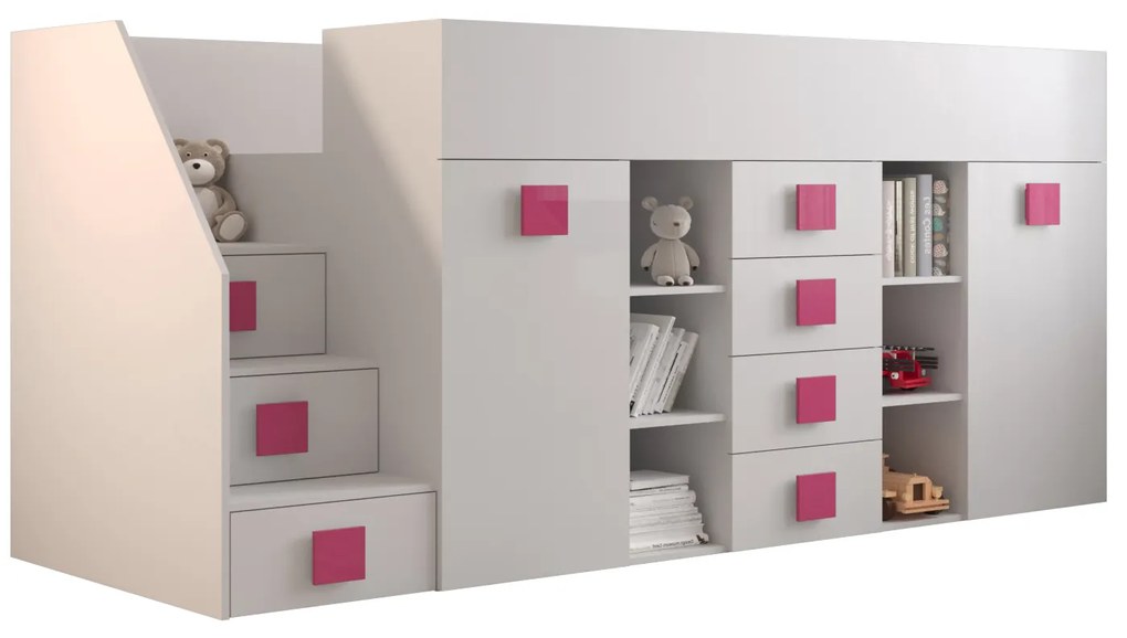 Pat multifuncțional 90 cm Toreno 3 (Alb + alb lucios + mânere roz lucios) (S). 1083333
