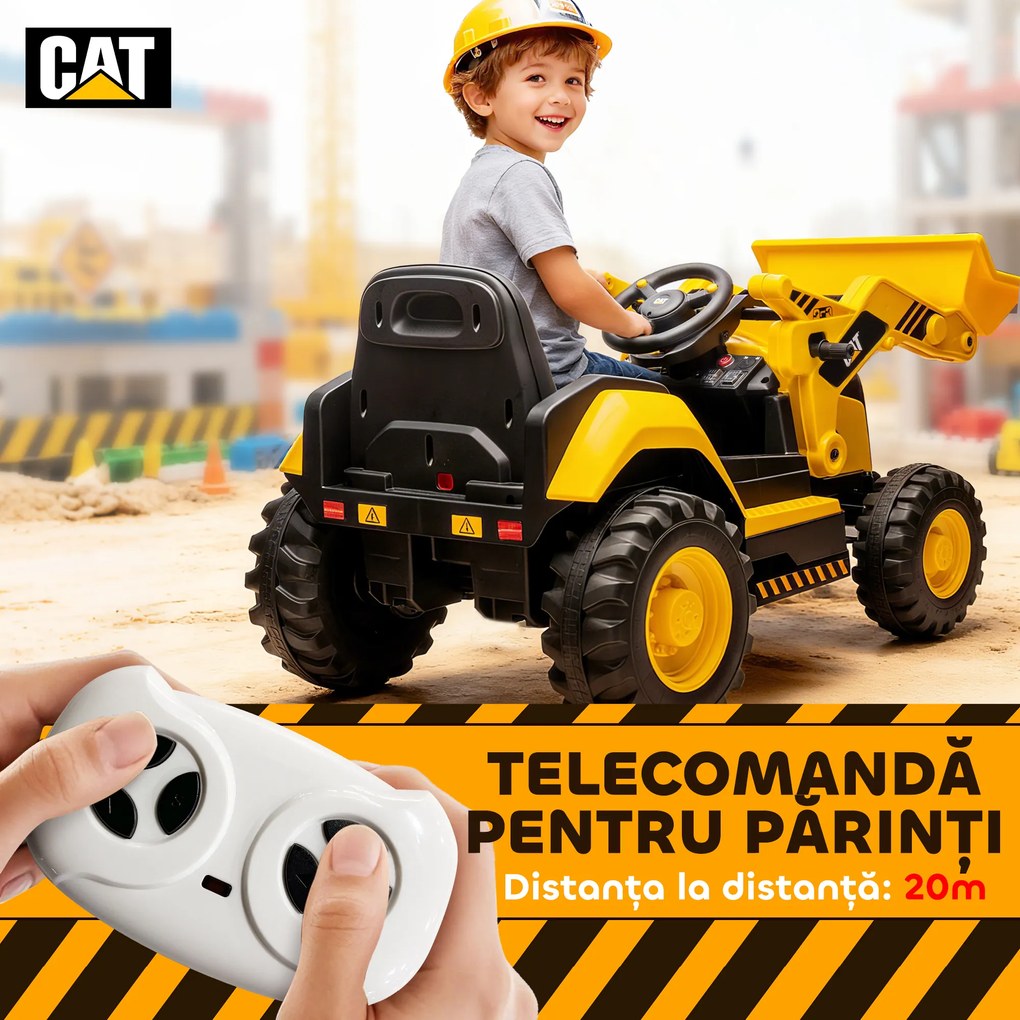 AIYAPLAY Ruspa Electrică pentru Copii 3-6 Ani Marca Oficială Caterpillar 12V cu Telecomandă, Galben | Aosom Romania