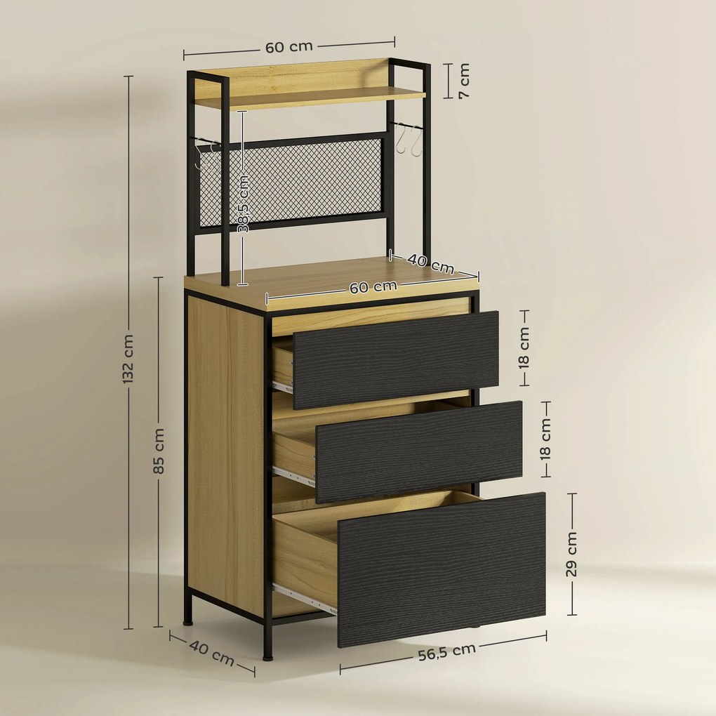 HOMCOM Dulap de bucătărie stil industrial cu 3 sertare, blat, raft și 4 cârlige, 60x40x132cm | Aosom Romania