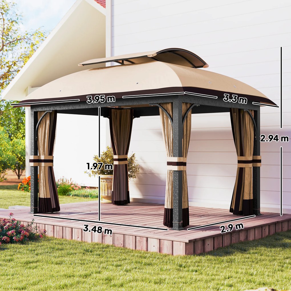 Outsunny Pavilion de grădină, 3,3 x 4 m cort de grădină cu draperii din plasă, acoperiș în două niveluri, acoperire din piele ecologică, cadru metalic, Khaki | Aosom Romania