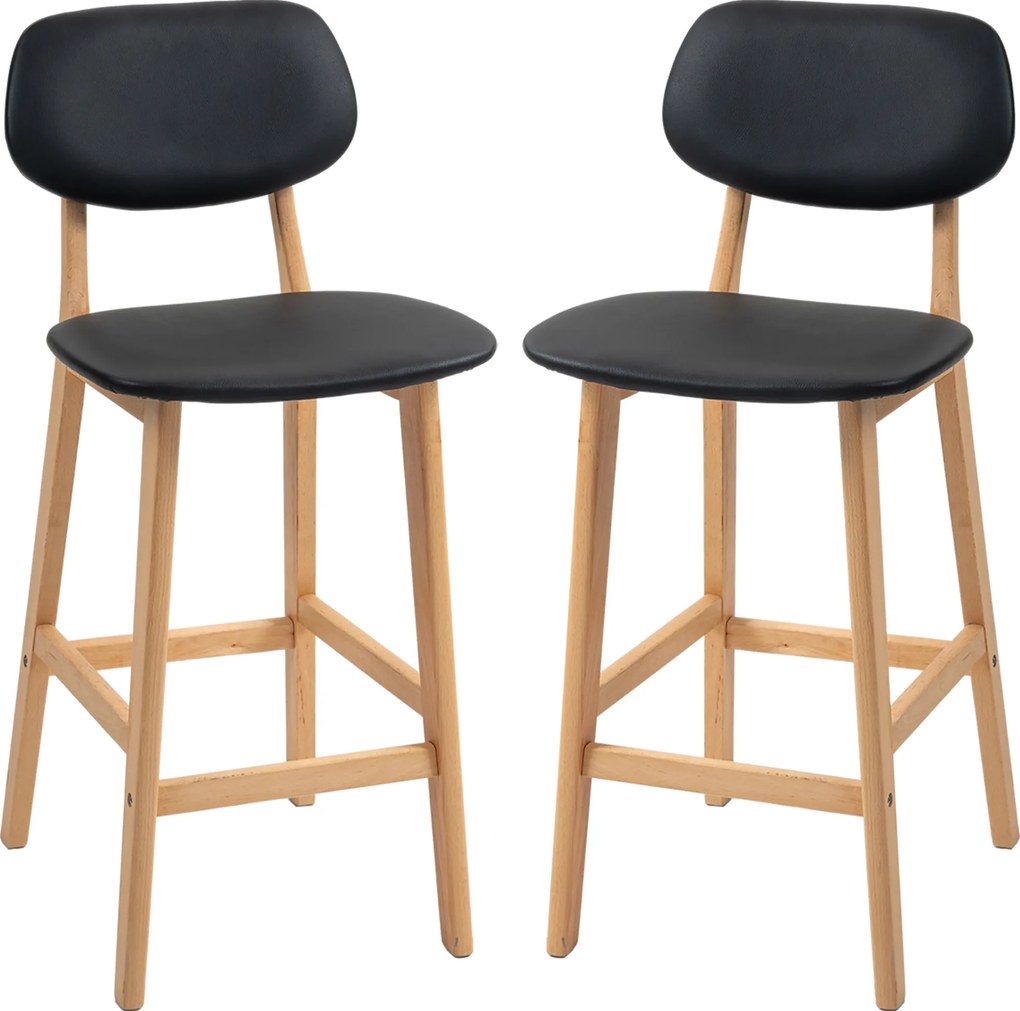 HOMCOM Set 2 Taburete cu Spătar și Tapițerie din Piele Artificială, Taburete Înalte din Lemn, 42x47x92 cm, Negru | Aosom Romania