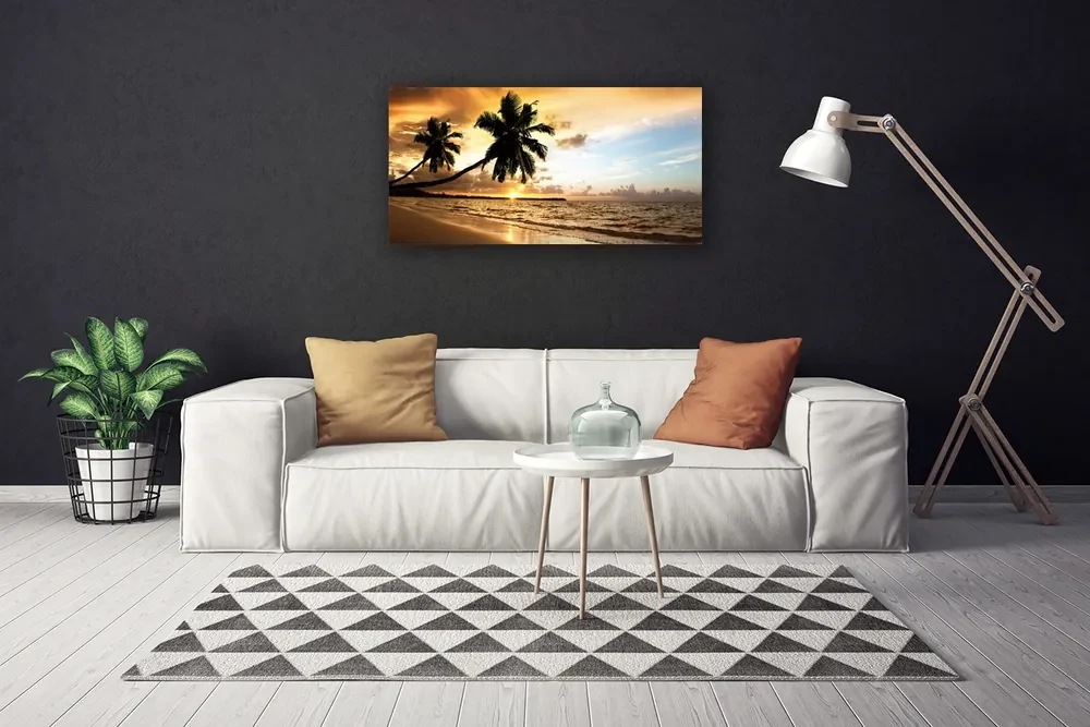 Tablou pe panza canvas Palm Trees Sea Beach Peisaj Galben Negru Albastru