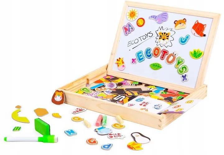 Set Tabla magnetica educativa pentru copii, din lemn, 3 in 1, cu elemente puzzle, 176 piese