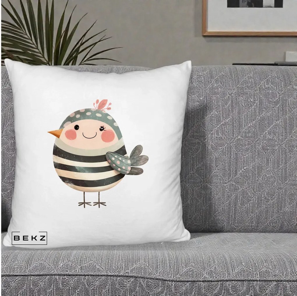 Perna Decorativa Pui Kawaii Teal cu Flori, 40x40 cm, Alb Pufos, Husa Detasabila, Perna Inclusa, BEKZ®