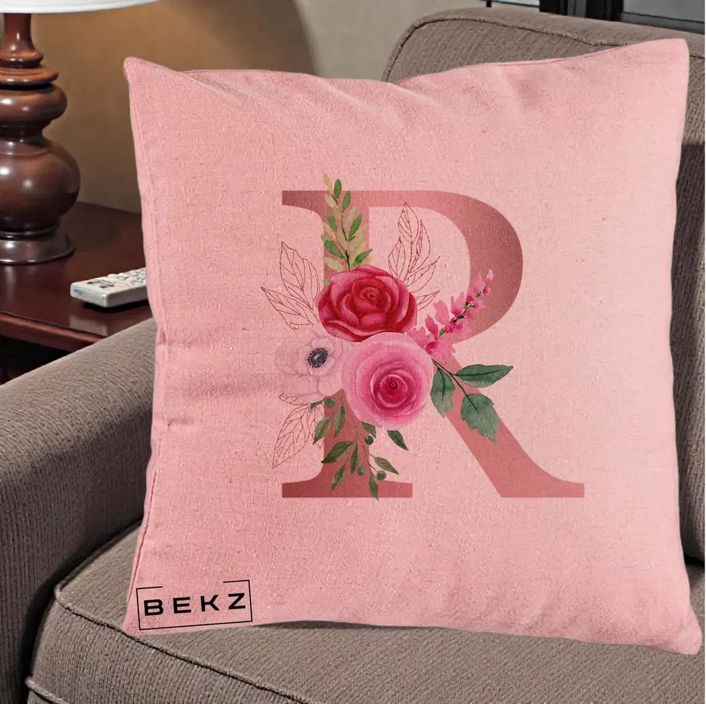 Cadou Personalizat - Perna Personalizata Monograma Rose Gold Litera R, 40x40 cm, Roz, Husa Detasabila, Perna Inclusa, BEKZ®