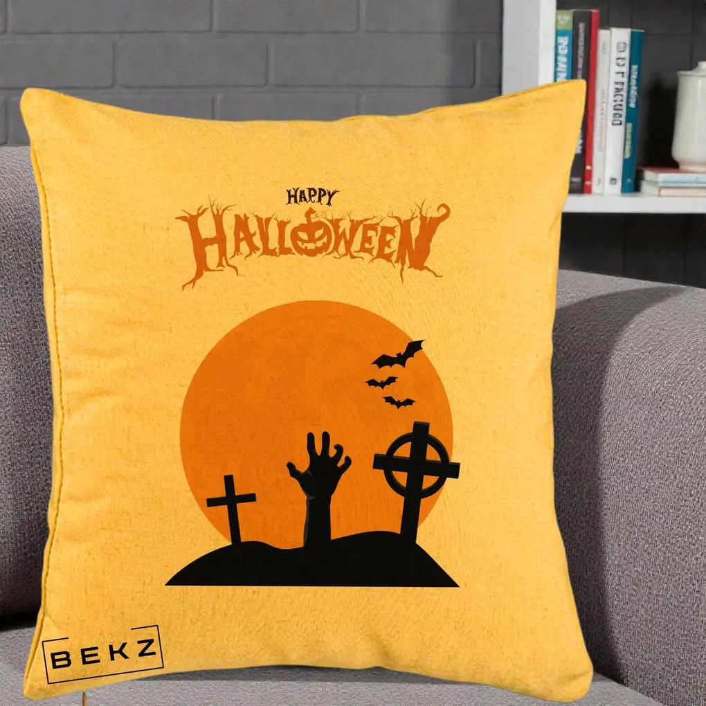 Perna Decorativa Happy Halloween Cimitir cu Luna, 40x40 cm, Galben, Husa Detasabila, Perna Inclusa, BEKZ®