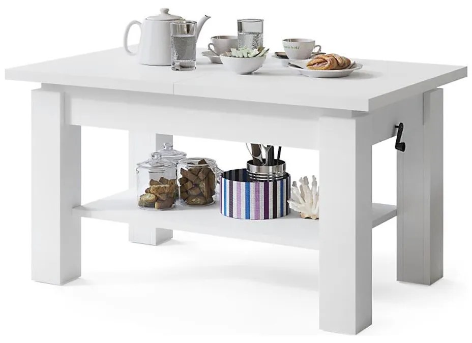 Masă extensibilă ADONIS, pentru living și dining, cu poliță, albă