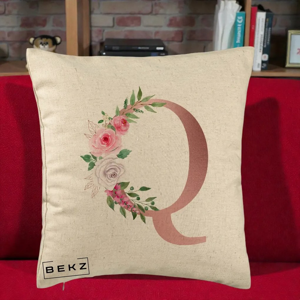 Cadou Personalizat - Perna Personalizata Monograma Rose Gold Litera Q, 40x40 cm, Bej, Husa Detasabila, Perna Inclusa, BEKZ®