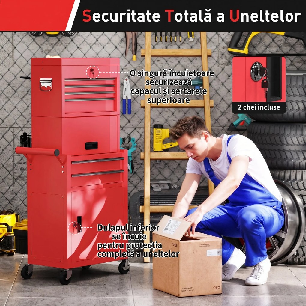HOMCOM Cărucior pentru Scule din Oțel cu Încuietoare, 6 Sertare, 2 Dulapuri, Panou Perforat, Roți și Mâner, Roșu | Aosom Romania